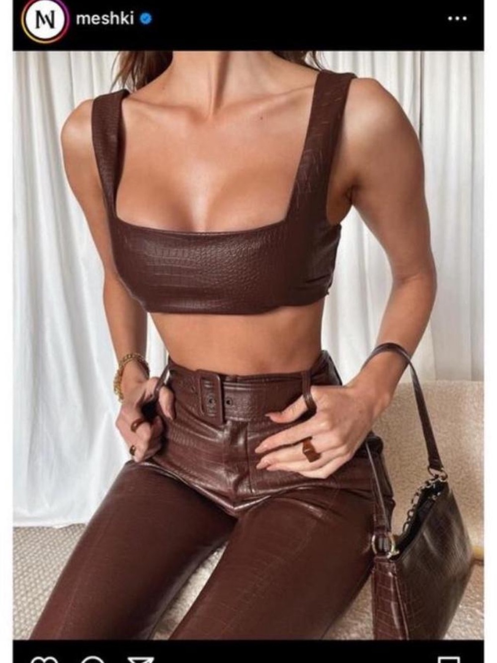 Meshki Brown Croc-Embossed Square-Neck Crop Top & High-Waist Pants Set